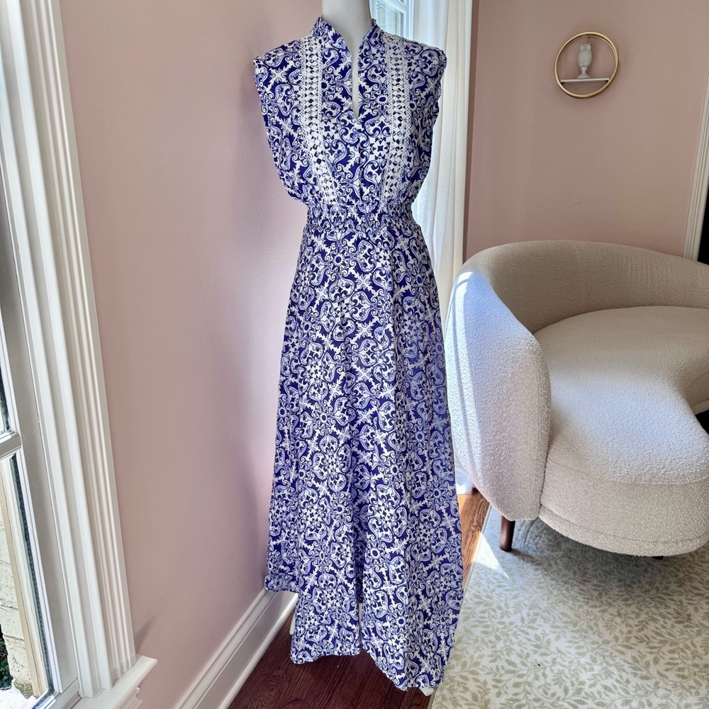 Temptation Positano Ieranto Dress Ceramica Blue Linen Size Medium